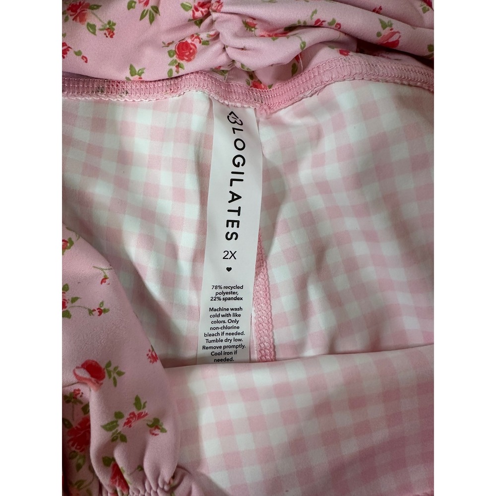 Blogilates Pink Gingham Ruched Waist Leggings Floral High Rise Pockets 2X NEW - Picture 5 of 5